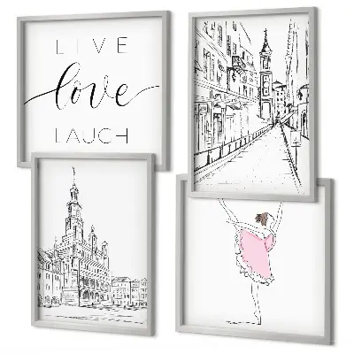 Composizione di 4 quadri con grafica elegante di una ballerina e architettura