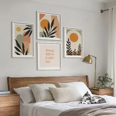 Composizione di 4 quadri con motivi vegetali astratti