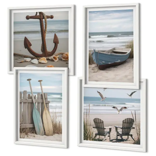 Polittico con cornice paesaggio marino con spiagge estive