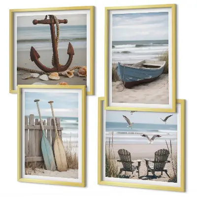Polittico con cornice paesaggio marino con spiagge estive