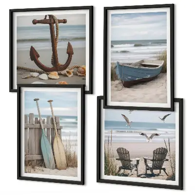Polittico con cornice paesaggio marino con spiagge estive