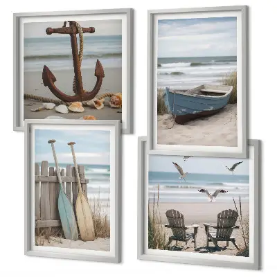 Polittico con cornice paesaggio marino con spiagge estive