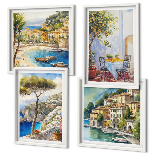 Composizione di 4 quadri Acquerelli di città italiane