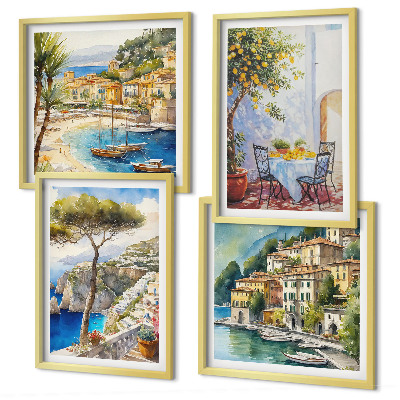 Composizione di 4 quadri Acquerelli di città italiane