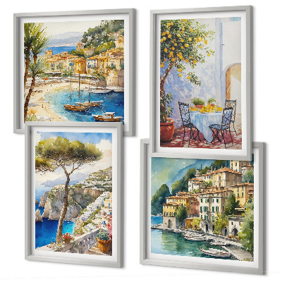 Composizione di 4 quadri Acquerelli di città italiane