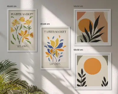 Galleria a parete con poster floreali di Parigi e Milano
