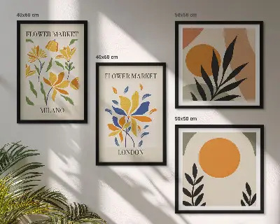 Galleria a parete con poster floreali di Parigi e Milano