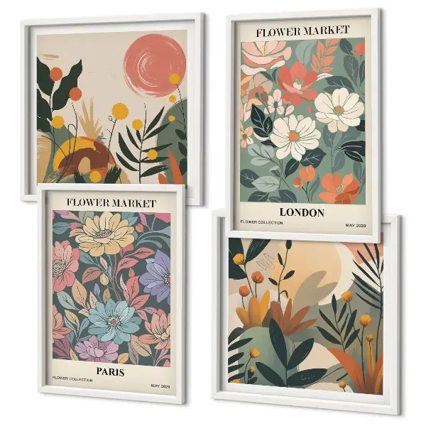 Set di 4 quadri con poster floreali motivo Parigi e Londra
