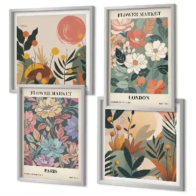 Set di 4 quadri con poster floreali motivo Parigi e Londra