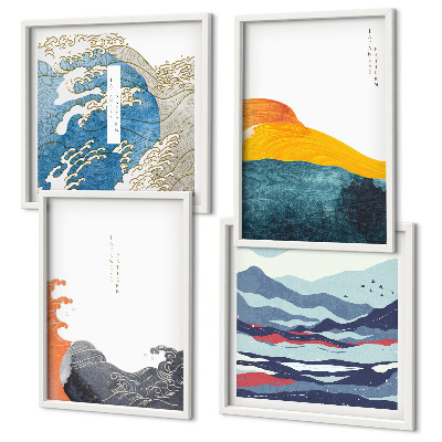 Composizione di 4 quadri Onde, arte giapponese, grafica