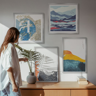 Composizione di 4 quadri Onde, arte giapponese, grafica