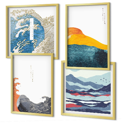 Composizione di 4 quadri Onde, arte giapponese, grafica