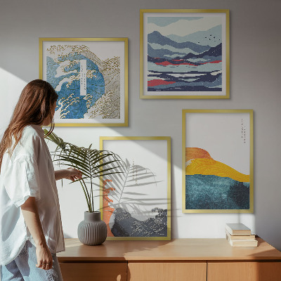 Composizione di 4 quadri Onde, arte giapponese, grafica
