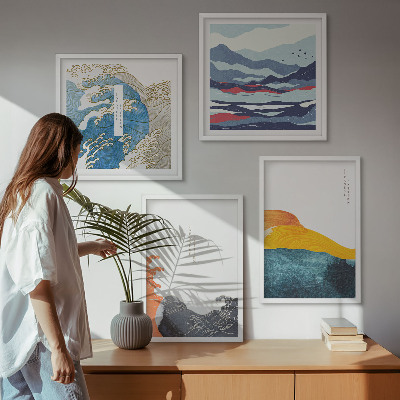 Composizione di 4 quadri Onde, arte giapponese, grafica
