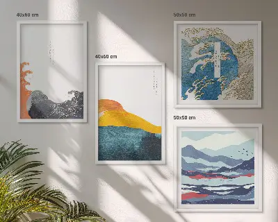 Composizione di 4 quadri con grafica ispirata all'arte giapponese delle onde