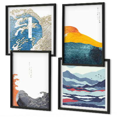 Composizione di 4 quadri Onde, arte giapponese, grafica