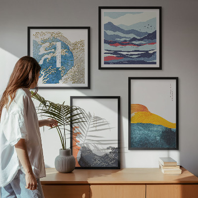 Composizione di 4 quadri Onde, arte giapponese, grafica