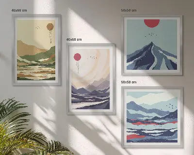 Galleria a parete con montagne color pastello in stile giapponese