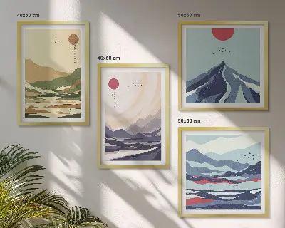 Galleria a parete con montagne color pastello in stile giapponese