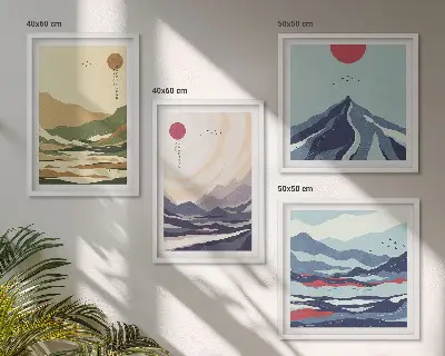 Galleria a parete con montagne color pastello in stile giapponese