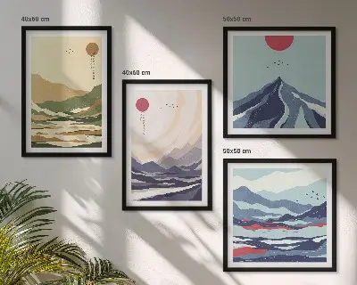 Galleria a parete con montagne color pastello in stile giapponese