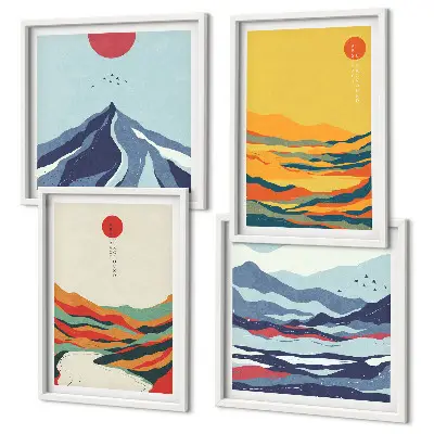 Montagne fluviali astratte e colorate composizione di 4 quadri