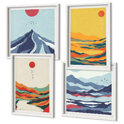 Composizione di 4 quadri Montagne fluviali astratte e colorate