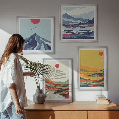 Composizione di 4 quadri Montagne fluviali astratte e colorate