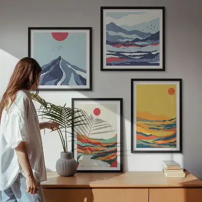 Montagne fluviali astratte e colorate composizione di 4 quadri