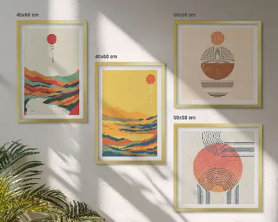 Galleria a parete con disegni colorati di montagne in stile Japandi