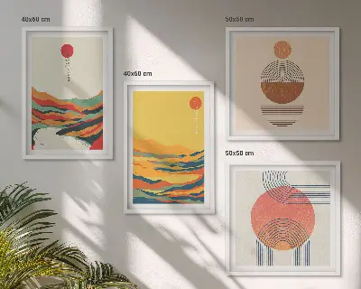 Galleria a parete con disegni colorati di montagne in stile Japandi