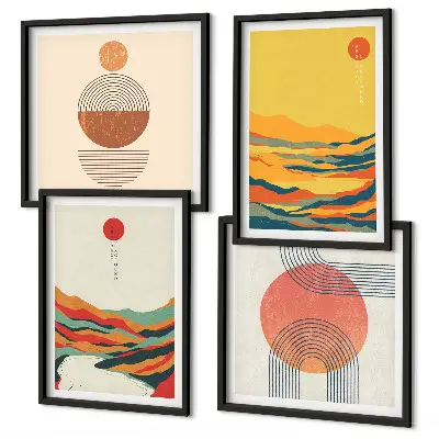Galleria a parete con disegni colorati di montagne in stile Japandi
