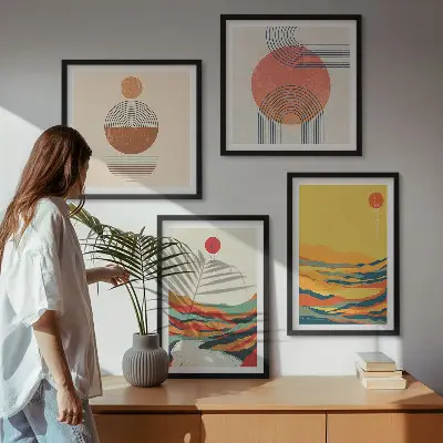 Galleria a parete con disegni colorati di montagne in stile Japandi