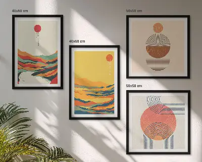 Galleria a parete con disegni colorati di montagne in stile Japandi