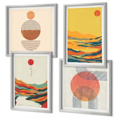 Galleria a parete con disegni colorati di montagne in stile Japandi