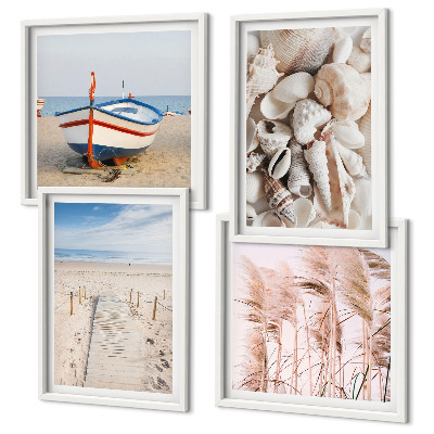 Polittico con cornice Spiaggia barca conchiglie erba boho
