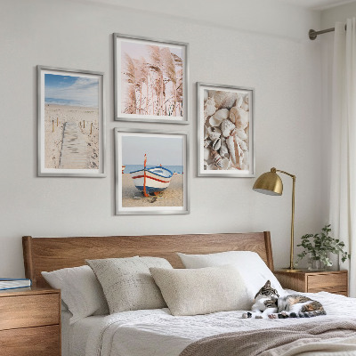 Polittico con cornice Spiaggia barca conchiglie erba boho