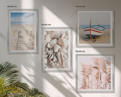 Polittico con cornice Spiaggia barca conchiglie erba boho