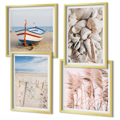 Polittico con cornice Spiaggia barca conchiglie erba boho