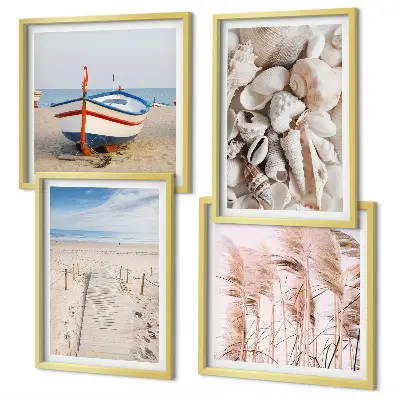 Polittico con cornice spiaggia con barca, conchiglie ed erba in stile boho