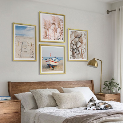 Polittico con cornice Spiaggia barca conchiglie erba boho