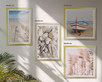 Polittico con cornice Spiaggia barca conchiglie erba boho