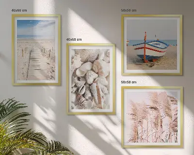 Polittico con cornice spiaggia con barca, conchiglie ed erba in stile boho