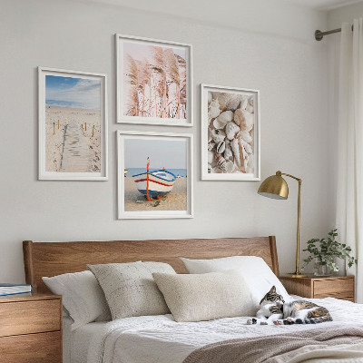 Polittico con cornice Spiaggia barca conchiglie erba boho