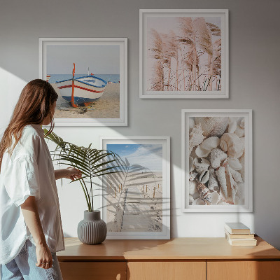 Polittico con cornice Spiaggia barca conchiglie erba boho