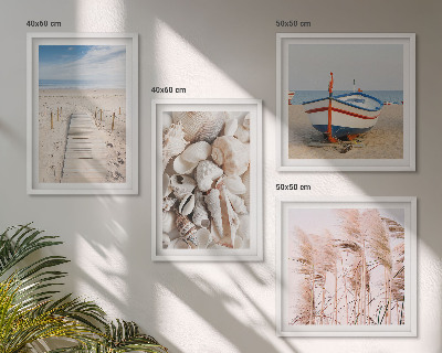 Polittico con cornice Spiaggia barca conchiglie erba boho