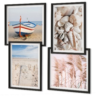 Polittico con cornice Spiaggia barca conchiglie erba boho