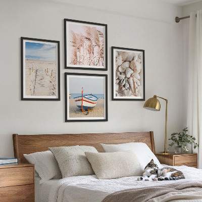 Polittico con cornice Spiaggia barca conchiglie erba boho