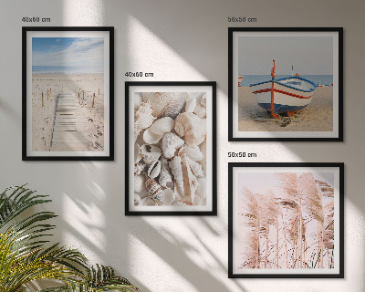 Polittico con cornice Spiaggia barca conchiglie erba boho