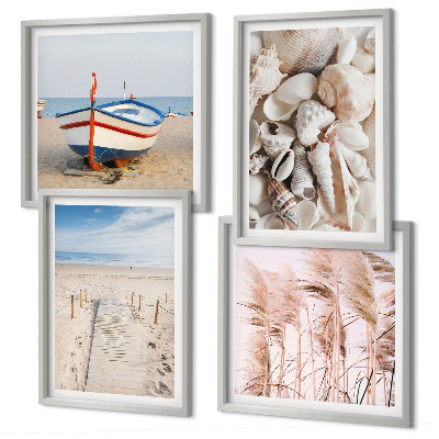 Polittico con cornice Spiaggia barca conchiglie erba boho